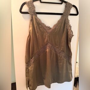 Lace Trimmed Satin Camisole - Olive Green
